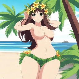 An anime-style beautiful Hawaiian girl with long brown hair, green eyes, and a flower crown