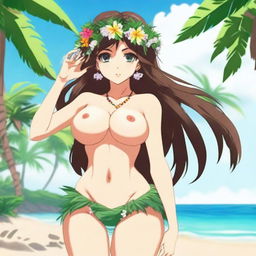 An anime-style beautiful Hawaiian girl with long brown hair, green eyes, and a flower crown