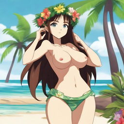 An anime-style beautiful Hawaiian girl with long brown hair, green eyes, and a flower crown