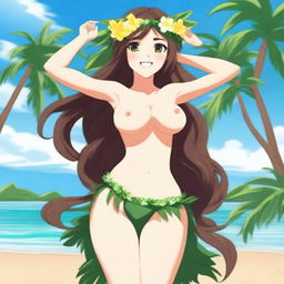 An anime-style beautiful Hawaiian girl with long brown hair, green eyes, and a flower crown