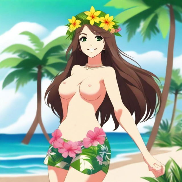 An anime-style beautiful Hawaiian girl with long brown hair, green eyes, and a flower crown