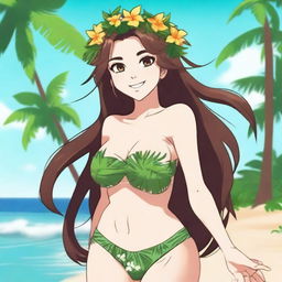 An anime-style beautiful Hawaiian girl with long brown hair, green eyes, and a flower crown