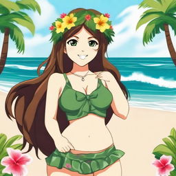 An anime-style beautiful Hawaiian girl with long brown hair, green eyes, and a flower crown