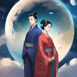 Create a book cover featuring WangXian, the popular couple from the Chinese novel 'Mo Dao Zu Shi,' set in space