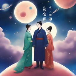 Create a book cover featuring WangXian, the popular couple from the Chinese novel 'Mo Dao Zu Shi,' set in space