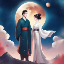 Create a book cover featuring WangXian, the popular couple from the Chinese novel 'Mo Dao Zu Shi,' set in space