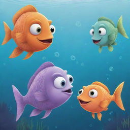 Endearing, beginner-level cartoon illustration for a children's book showing the moment Finn and Fiona, with surprised yet amused expressions, meet Freddie, the talking fish who tells them tales of his underwater escapades.