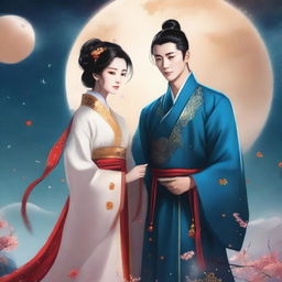 Create a book cover featuring WangXian, the popular couple from the Chinese novel 'Mo Dao Zu Shi,' set in space