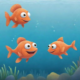 Endearing, beginner-level cartoon illustration for a children's book showing the moment Finn and Fiona, with surprised yet amused expressions, meet Freddie, the talking fish who tells them tales of his underwater escapades.