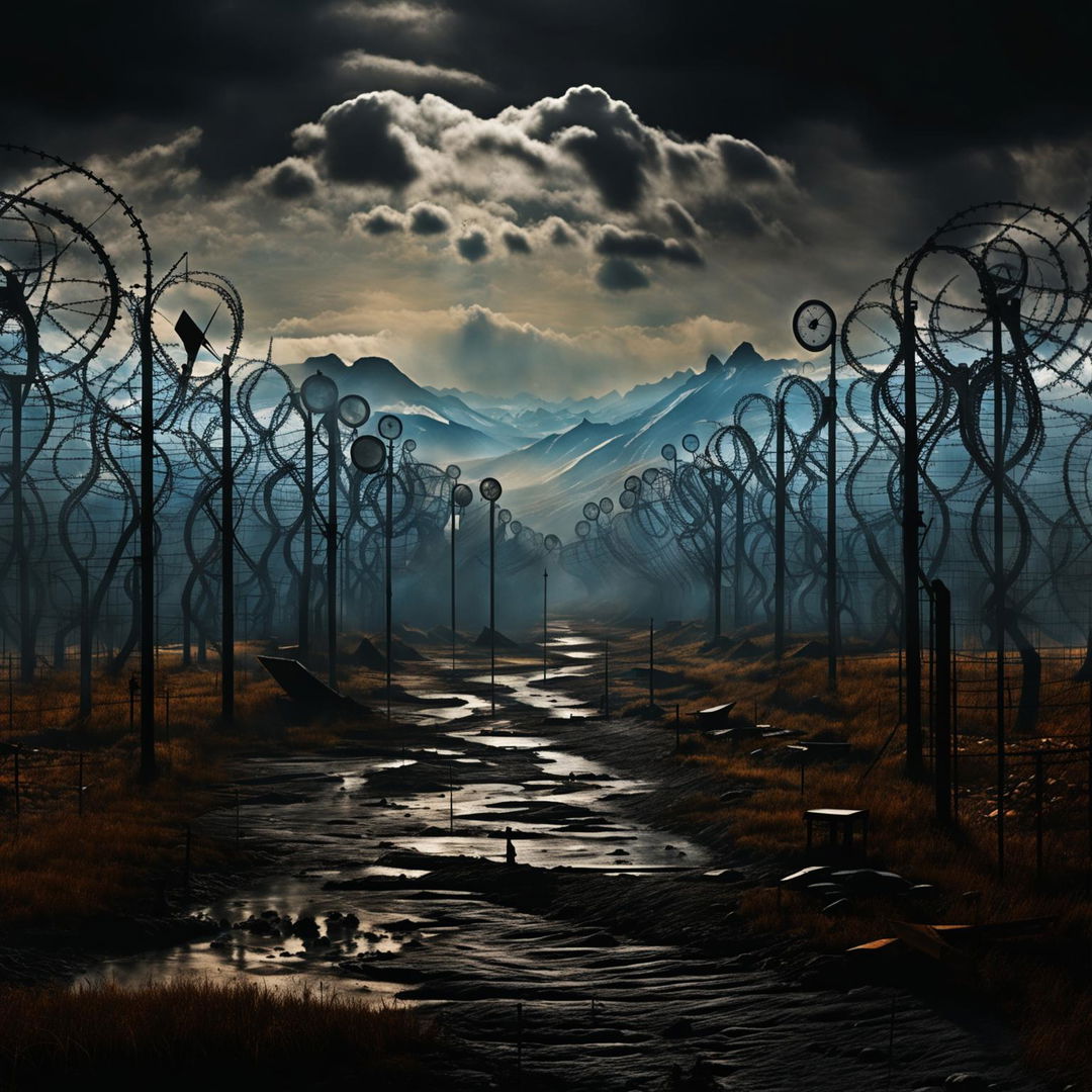 Create a surreal image of the border of Communist Romania, featuring a barbed wire fence, guard towers, and a desolate, dreamlike landscape with an eerie, otherworldly atmosphere