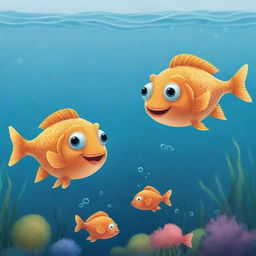 Endearing, beginner-level cartoon illustration for a children's book showing the moment Finn and Fiona, with surprised yet amused expressions, meet Freddie, the talking fish who tells them tales of his underwater escapades.