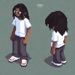 Create a pixel art style illustration of a man in isometric and simple retro design