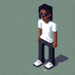 Create a pixel art style illustration of a man in isometric and simple retro design