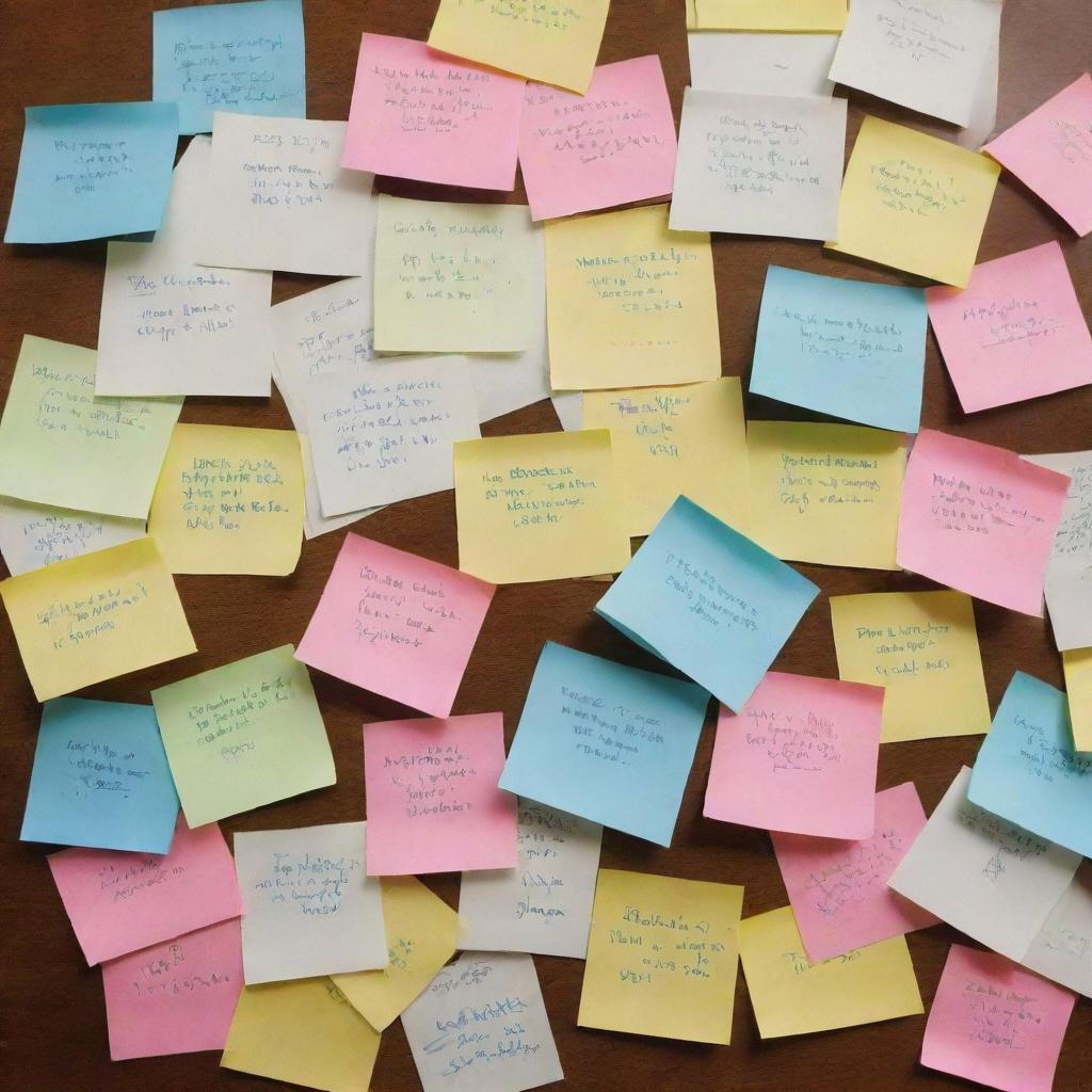 A collection of detailed handwritten notes spread out on a table, representing a strategy for polling day, with colored pens, highlighters and post-it notes scattered around.