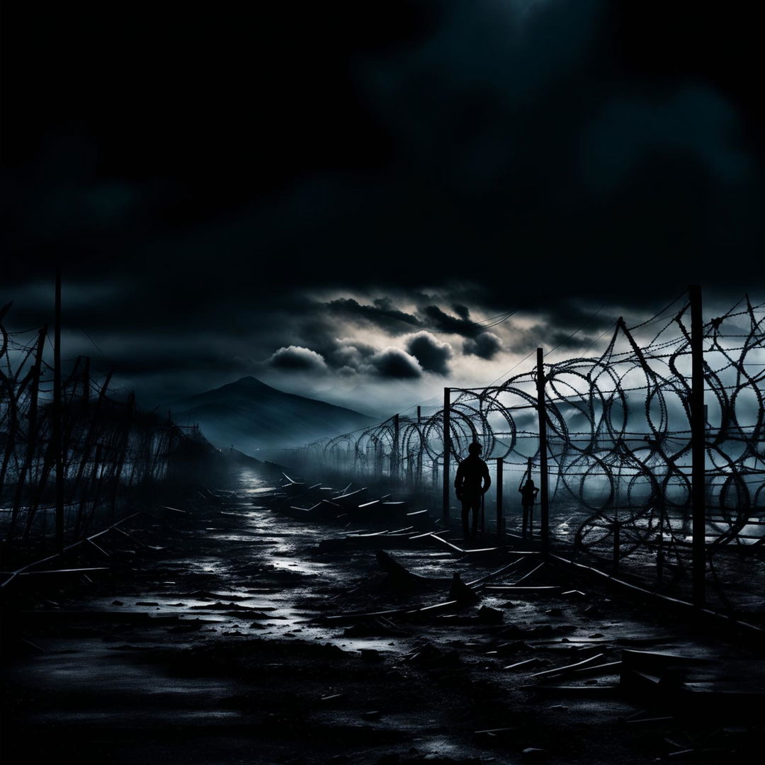 Create a dark, abstract image of the Romanian border, featuring a barbed wire fence, guard towers, and a desolate landscape with a moody, surreal atmosphere