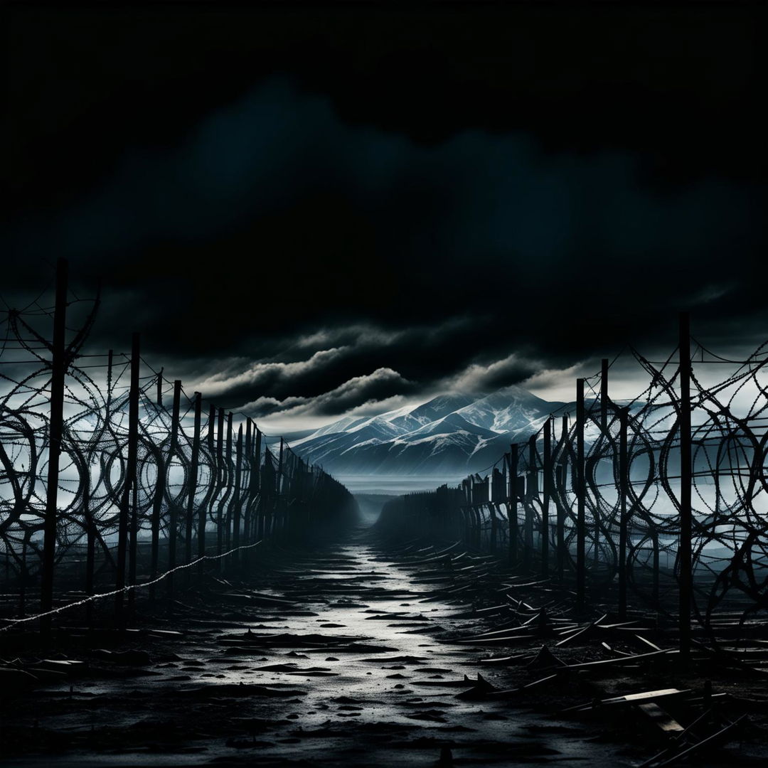 Create a dark, abstract image of the Romanian border, featuring a barbed wire fence, guard towers, and a desolate landscape with a moody, surreal atmosphere