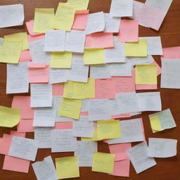 A collection of detailed handwritten notes spread out on a table, representing a strategy for polling day, with colored pens, highlighters and post-it notes scattered around.