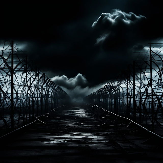 Create a dark, abstract image of the Romanian border with a mountain background, featuring a barbed wire fence, guard towers, and a desolate landscape with a moody, surreal atmosphere