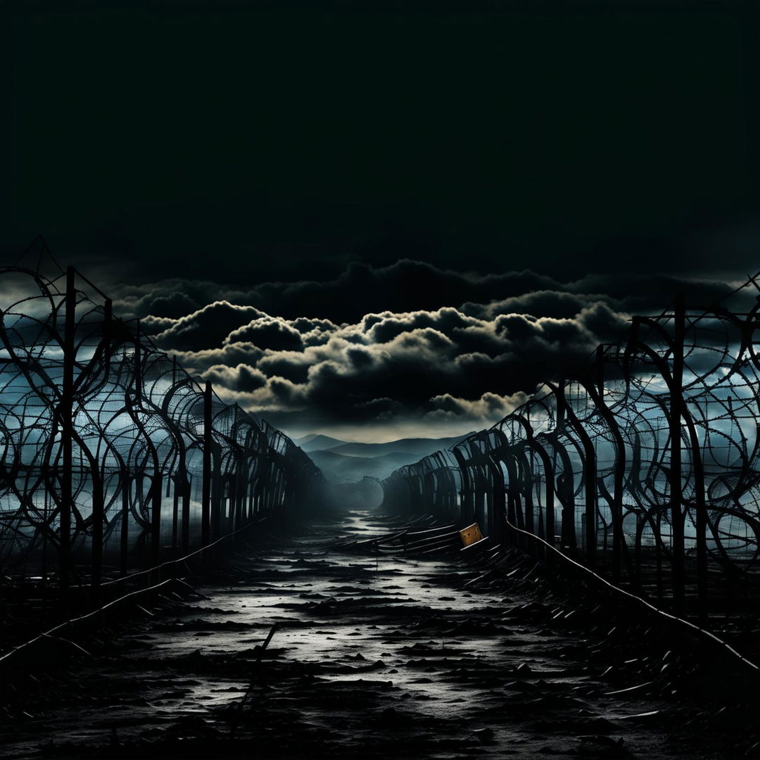 Create a dark, abstract image of the Romanian border, featuring a barbed wire fence, guard towers, and a desolate landscape with a moody, surreal atmosphere and swirling skies