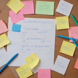 A collection of detailed handwritten notes spread out on a table, representing a strategy for polling day, with colored pens, highlighters and post-it notes scattered around.