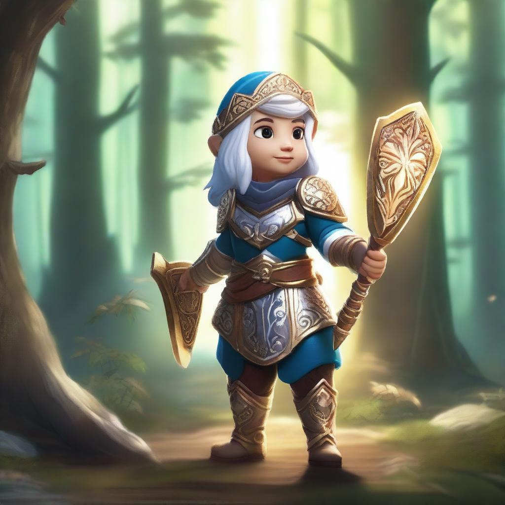 A female gnome paladin, clad in shining armor with intricate designs