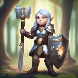 A female gnome paladin, clad in shining armor with intricate designs