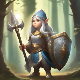 A female gnome paladin, clad in shining armor with intricate designs