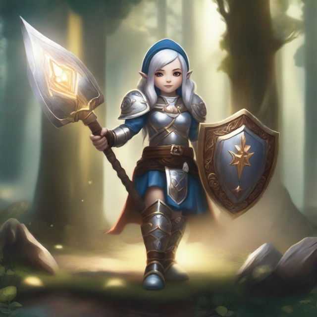 A female gnome paladin, clad in shining armor with intricate designs