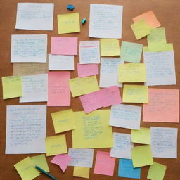 A collection of detailed handwritten notes spread out on a table, representing a strategy for polling day, with colored pens, highlighters and post-it notes scattered around.