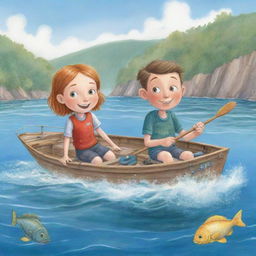 A delightful, easy-to-draw cartoon scene for a children's book, capturing the extraordinary moment Finn and Fiona, aboard their boat, reel in Freddie, the chatty fish with tales of aquatic adventures.