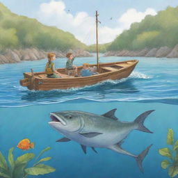 A delightful, easy-to-draw cartoon scene for a children's book, capturing the extraordinary moment Finn and Fiona, aboard their boat, reel in Freddie, the chatty fish with tales of aquatic adventures.