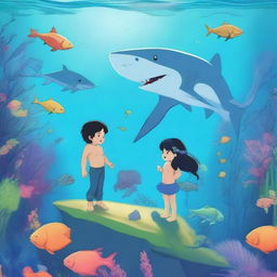 At the bottom of the ocean, there is a great white shark next to a mermaid boy