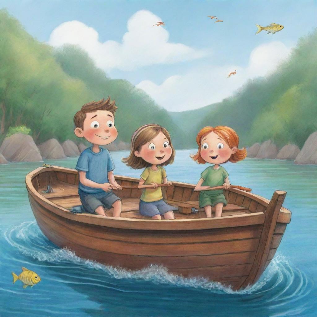 A delightful, easy-to-draw cartoon scene for a children's book, capturing the extraordinary moment Finn and Fiona, aboard their boat, reel in Freddie, the chatty fish with tales of aquatic adventures.