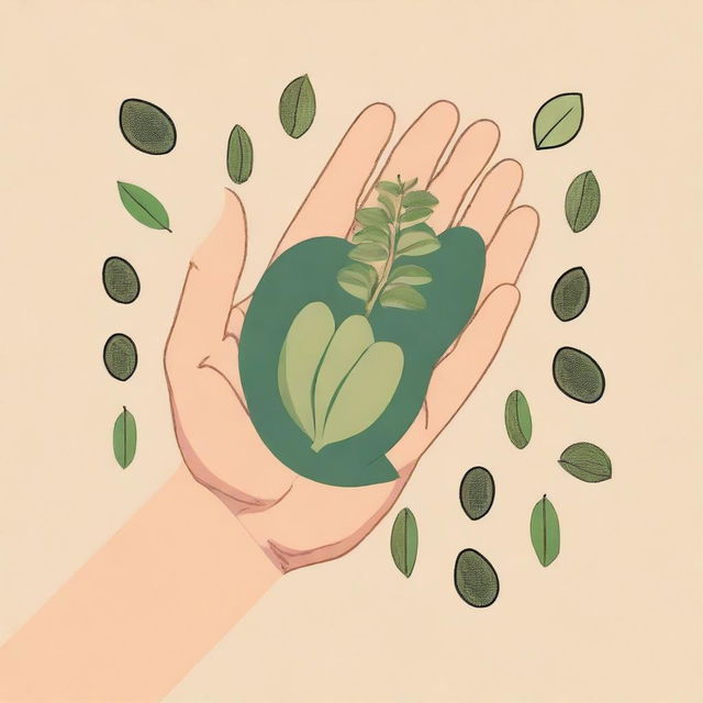 A green hand holding various types of seeds