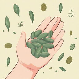 A green hand holding various types of seeds