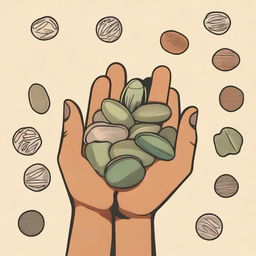 A green hand holding various types of seeds