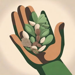 A green hand holding various types of seeds