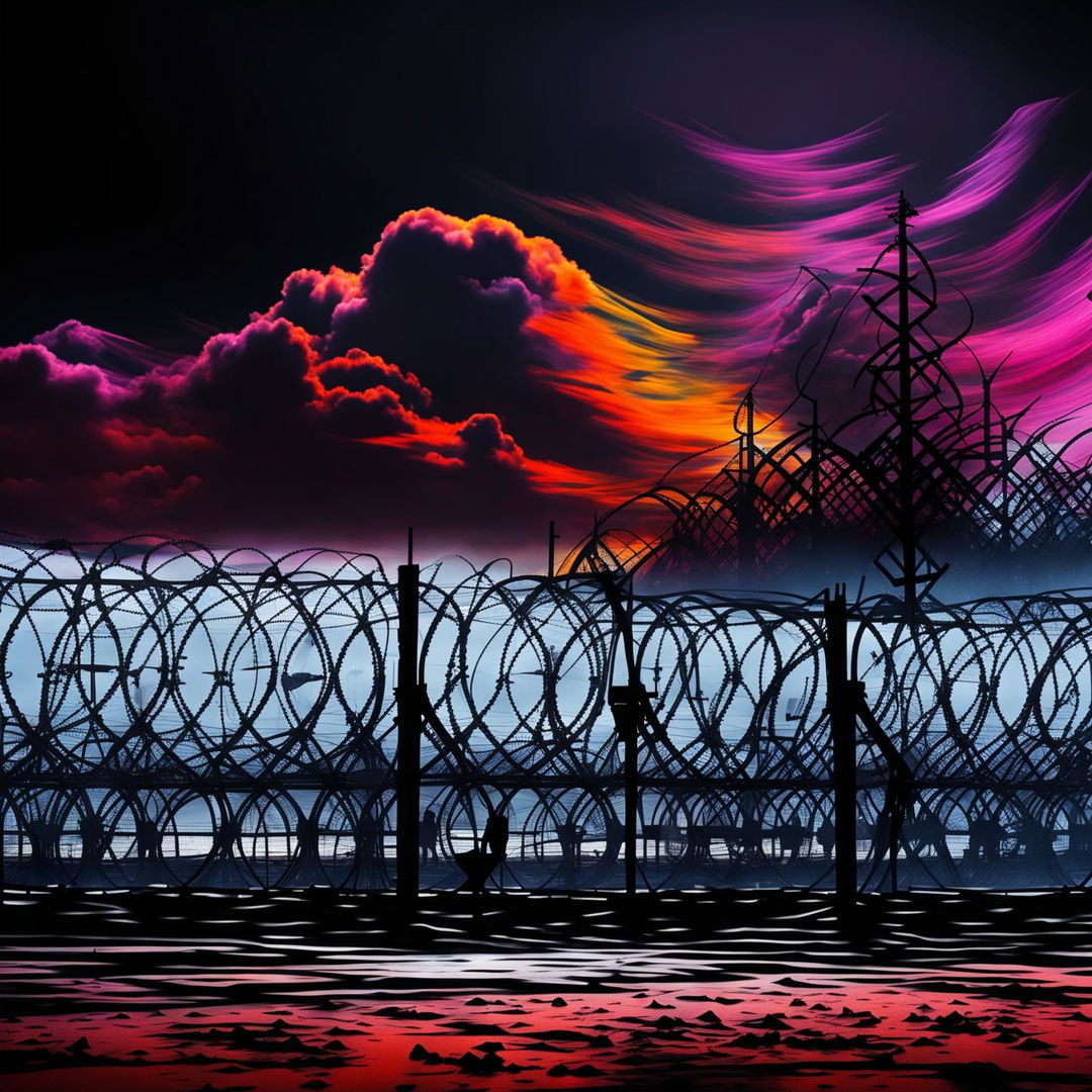 Create a dark, abstract image of the Romanian border with a barbed wire fence, guard towers, and a desolate landscape, featuring swirling bright skies and a moody, surreal atmosphere