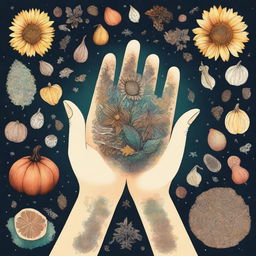 A magical hand holding various types of seeds