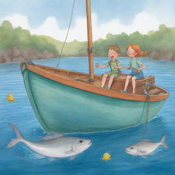 A delightful, easy-to-draw cartoon scene for a children's book, capturing the extraordinary moment Finn and Fiona, aboard their boat, reel in Freddie, the chatty fish with tales of aquatic adventures.