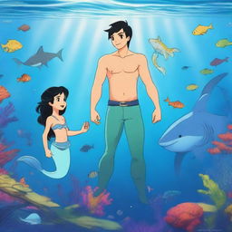 At the bottom of the ocean, there is a great white shark next to a mermaid boy