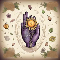 A magical hand in the style of Dungeons and Dragons holding various types of seeds