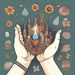 A magical hand in the style of Dungeons and Dragons holding various types of seeds