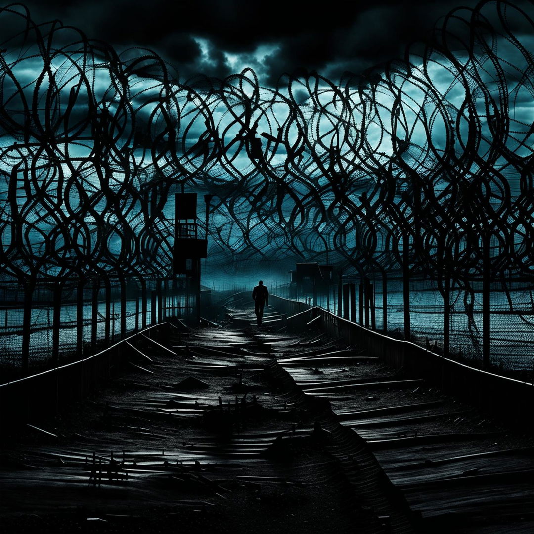 Create a dark, abstract image of the Romanian border with swirling bright skies, featuring a barbed wire fence, guard towers, and a desolate landscape with a moody, surreal atmosphere