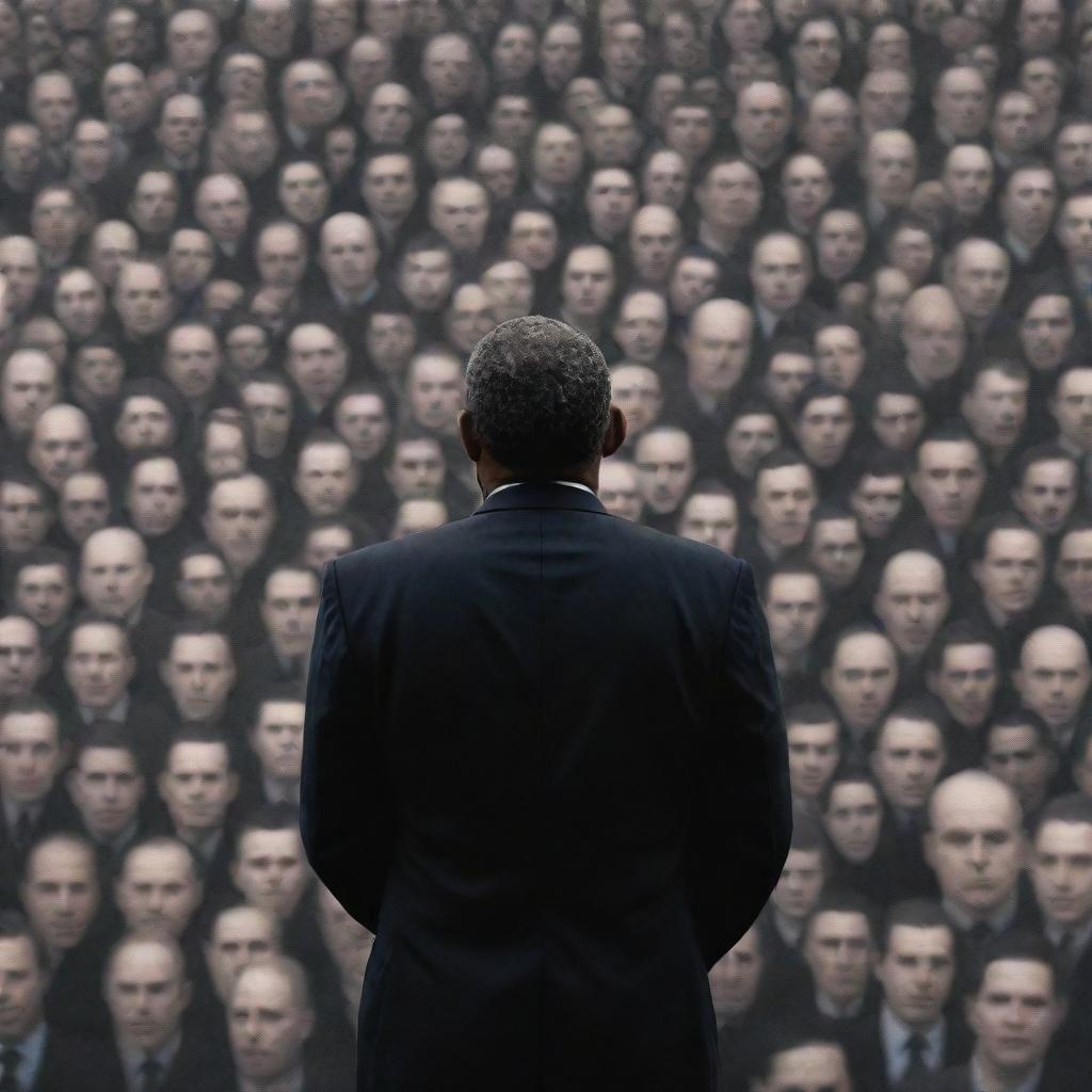 A powerful image of a solemn leader standing in front of a diverse crowd, symbolizing trust and responsibility, with a backdrop hinting at the torment of imposition.