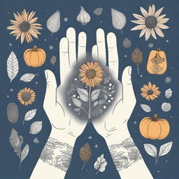 A magical grey hand holding various types of seeds