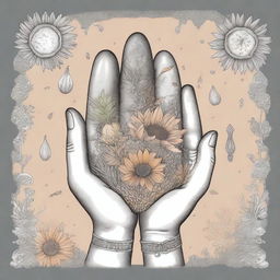 A magical grey hand holding various types of seeds