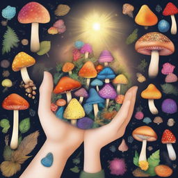 A magical hand holding various types of seeds and magical mushrooms