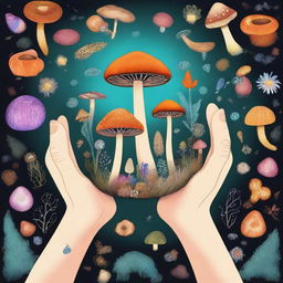 A magical hand holding various types of seeds and magical mushrooms