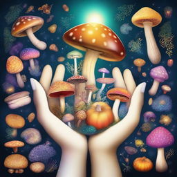 A magical hand holding various types of seeds and magical mushrooms